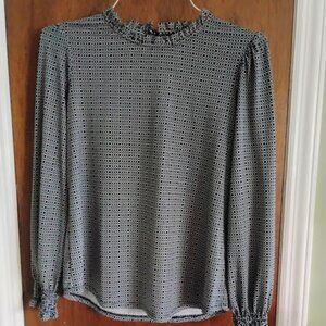 Adrianna Papell Long sleeve high ruffled neck black white geometric blouse Sz M